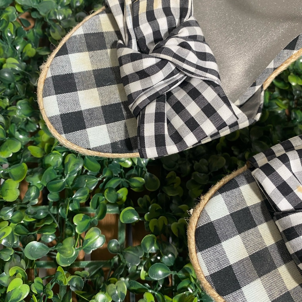 G by Guess Black and White Gingham Knot Espadrille Wedge Sandals - Picture 3 of 10